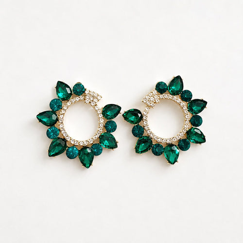 Boucles d'Oreilles Fleur Sertie de Strass - Émeraude