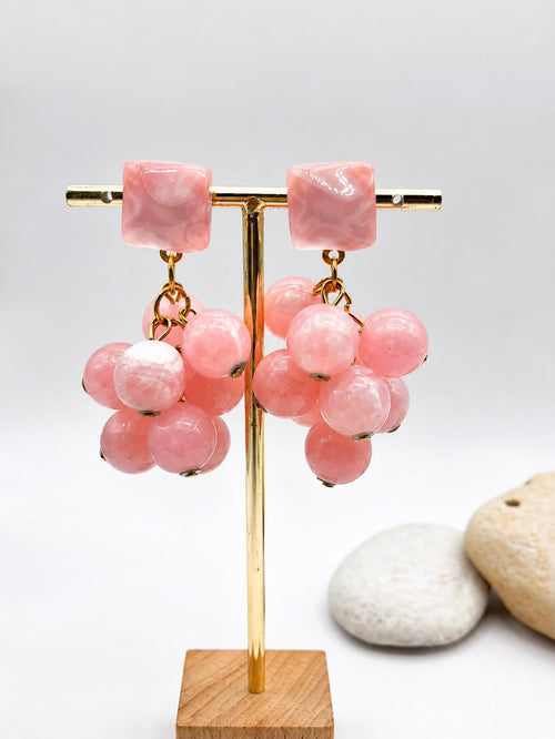 Boucles d'Oreilles Grappes de Perles Roses - vue