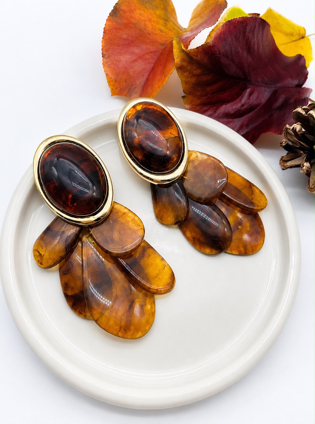 Boucles d'Oreilles Pétales Écaille et Ambre - vue