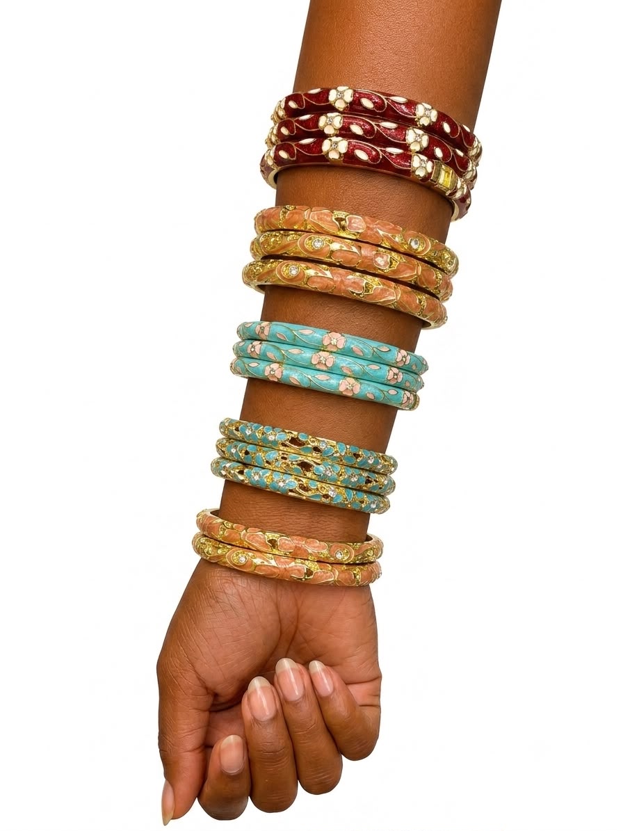 Lot de Bracelets Joncs Floraux Émaillés - Bordeaux
