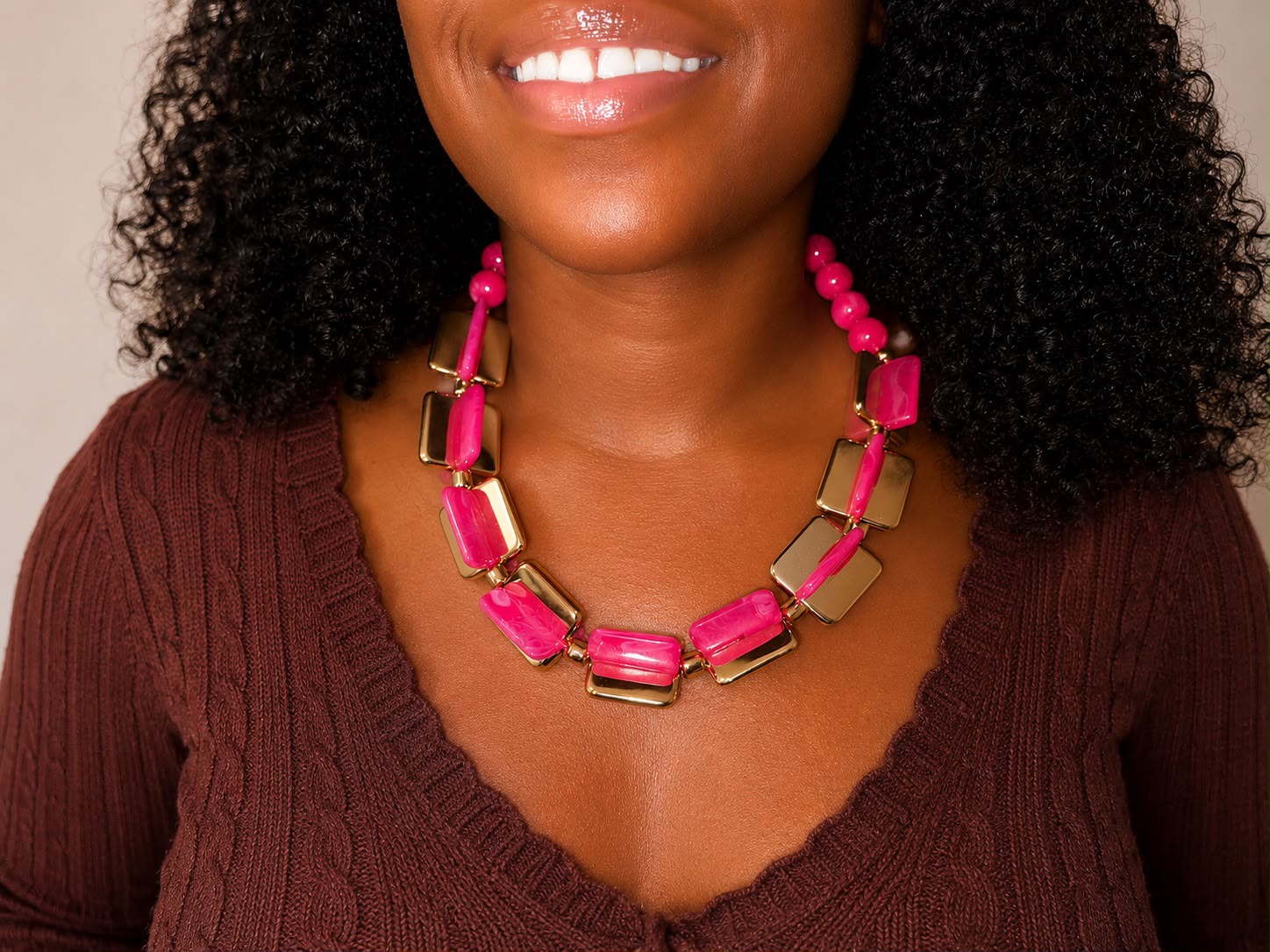 Collier Statement Perles Rectangles Roses et Dorées - vue