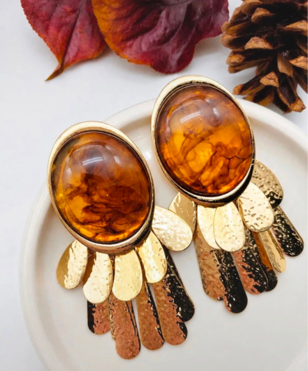 Boucles d'Oreilles Éventail Doré et Ambre - vue