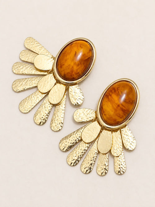 Boucles d'Oreilles Éventail Doré et Ambre - vue (photo 2)