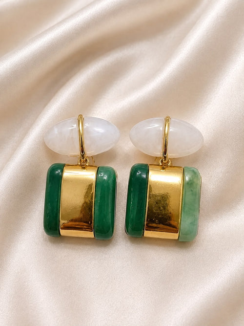 Boucles d'Oreilles Jade Vert et Blanc - vue